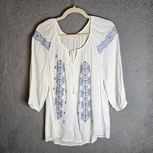 Artisan NY Tunic Top  L White Blue Embroidery Boho Coastal Lagenlook Resort Airy